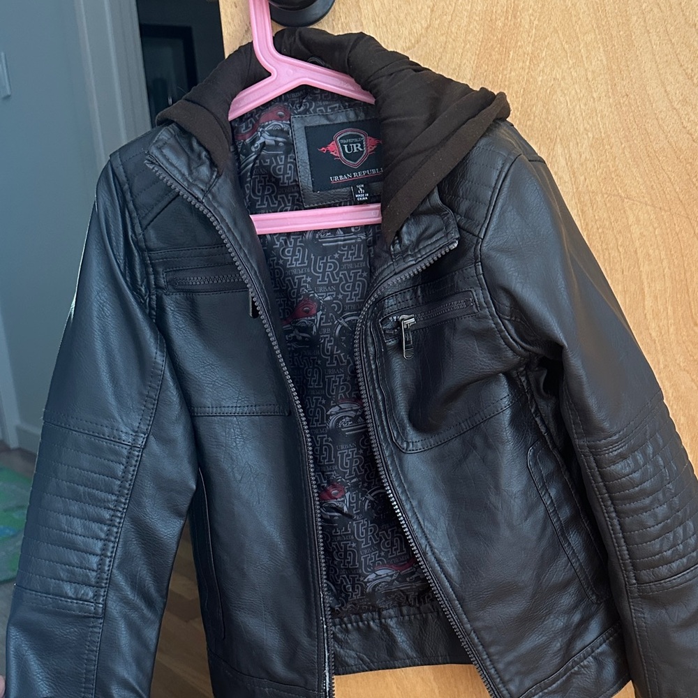Urban Republic Boys Black Faux Leather Hooded Jean-Style Jacket